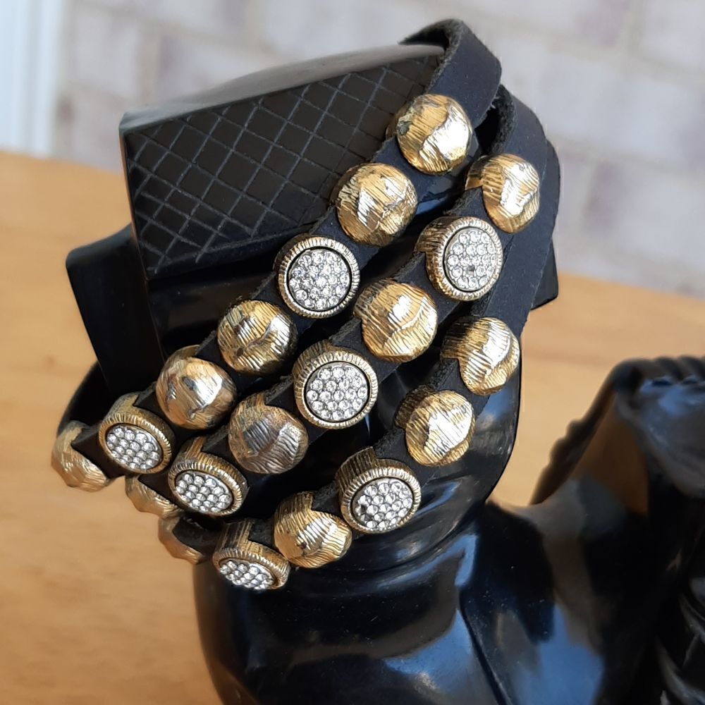 Vintage leather bracelet with gold and crystal accents